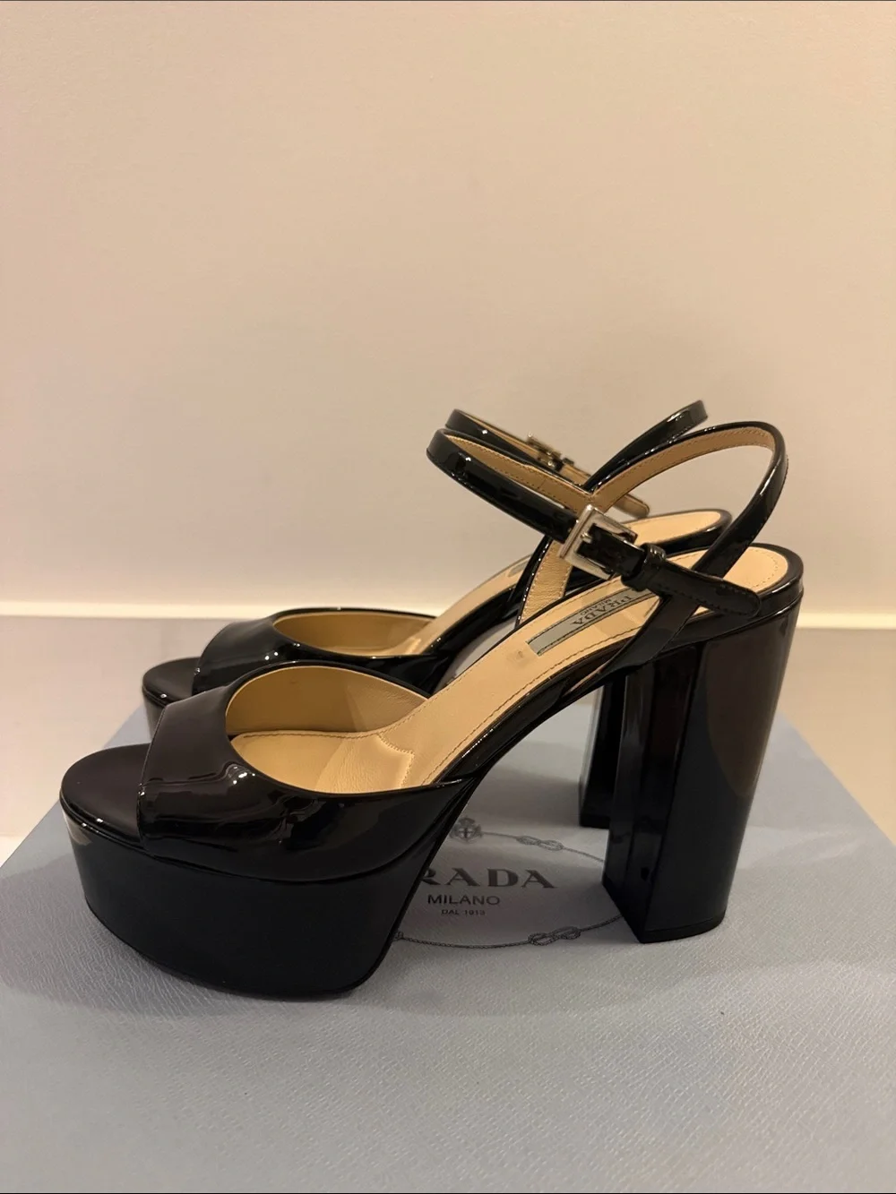 Prada Black Patent Platform Sandal Heels with Ankle Strap